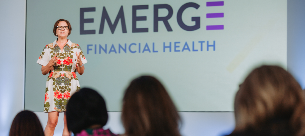 Jennifer Tescher delivering a keynote address at EMERGE Financial Health