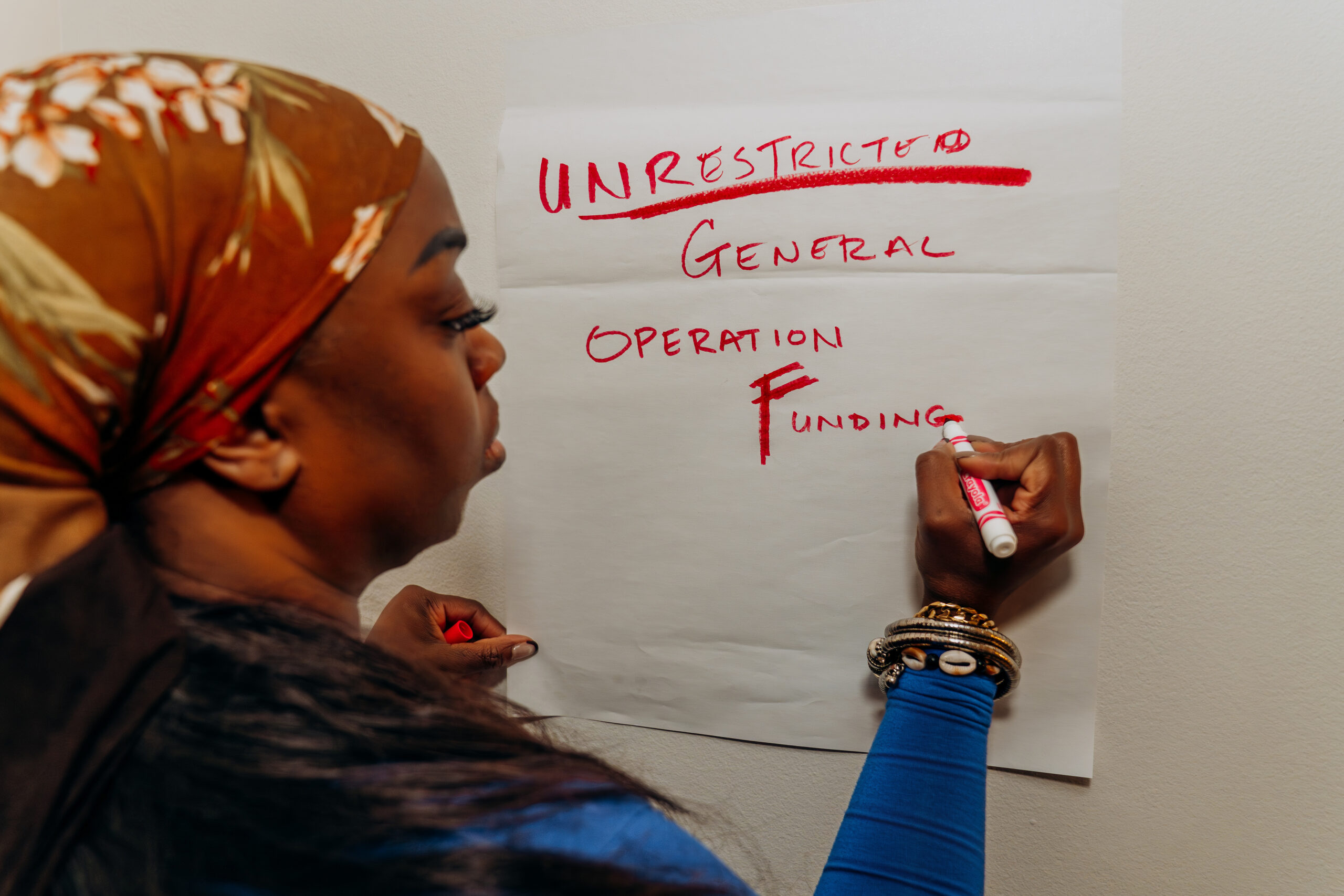 Wande uses a red marker on a whiteboard as she sorts through her budget