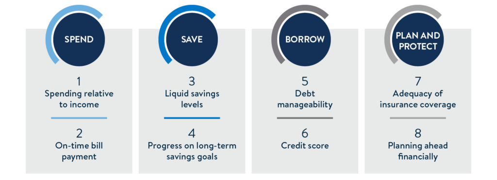 Spend: Spending relative to income; On-time bill payment Save: Liquid savings levels; Progress on long-term savings goals Borrow: Debt manageability; Credit score Plan and Protect: Adequacy of insurance coverage; Planning ahead financially