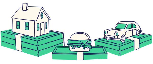 A stylized illustration of three stacks of money, each topped with a different spending category: a house on the left, a hamburger in the center, and a car on the right, representing budget allocation across housing, food, and transportation
