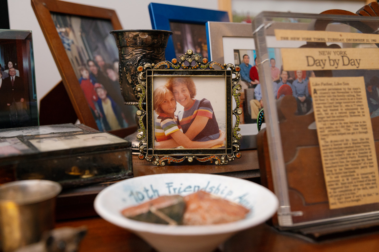 closeup of family photos and mementos